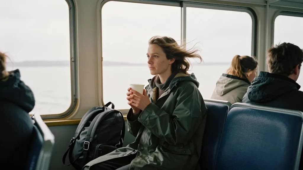 A white woman in her thirties with hair whipping loose is sitting inside the ferry lounge among strangers with the rucksack beside her, windows showing open…
