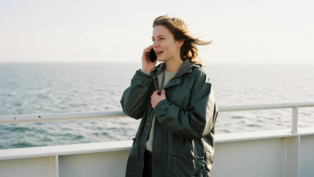 A white woman in her thirties with hair whipping loose is standing on the ferry deck talking on a phone held to her ear, the sea behind her and the wind pull…