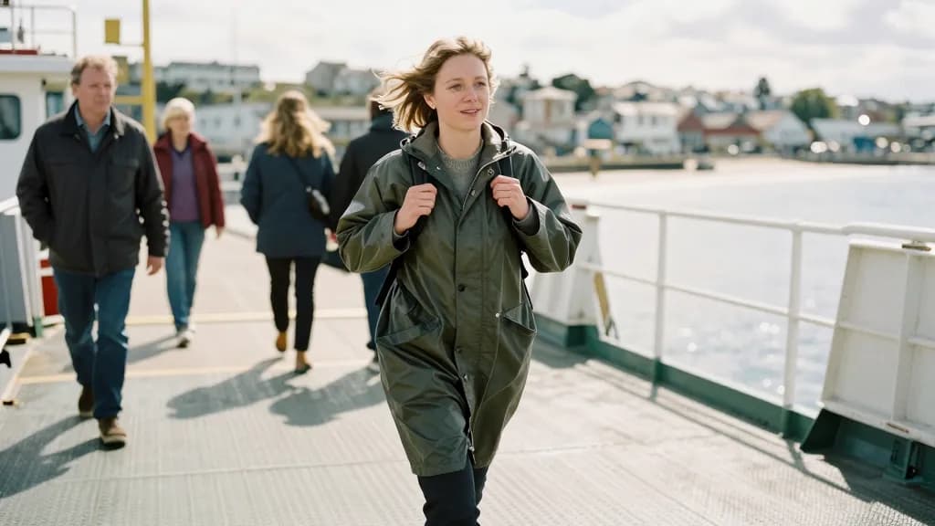A white woman in her thirties with hair whipping loose is walking down the ferry ramp onto a new quayside with the rucksack on, other foot passengers ahead o…