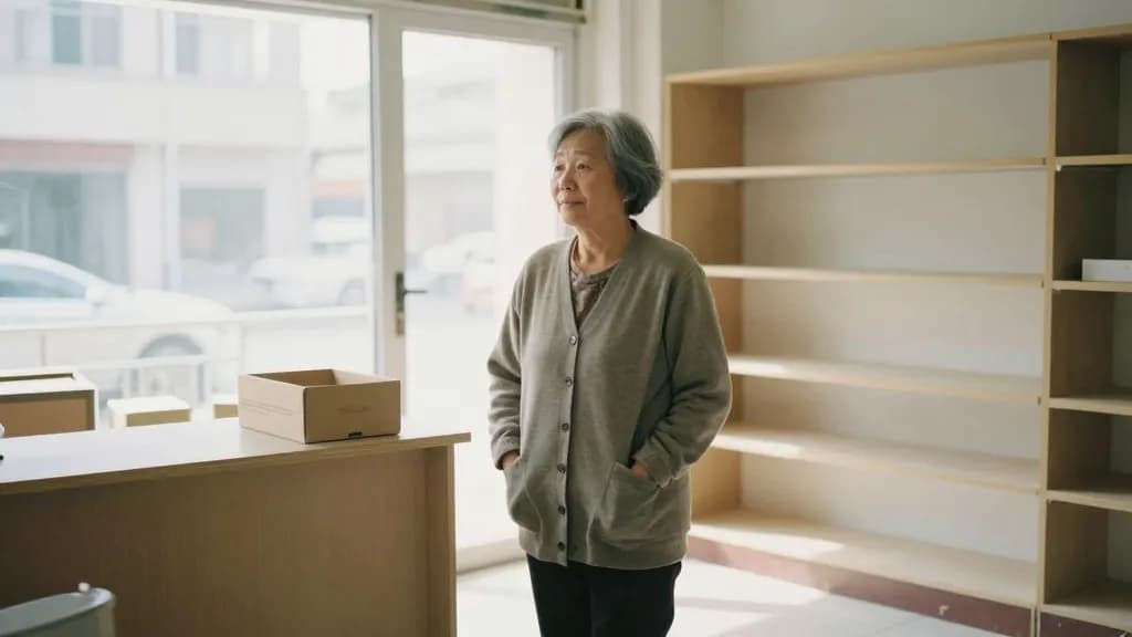 An East Asian woman in her sixties with short grey hair is standing in the middle of an emptied shop with bare shelves and the fittings gone, one box left on…