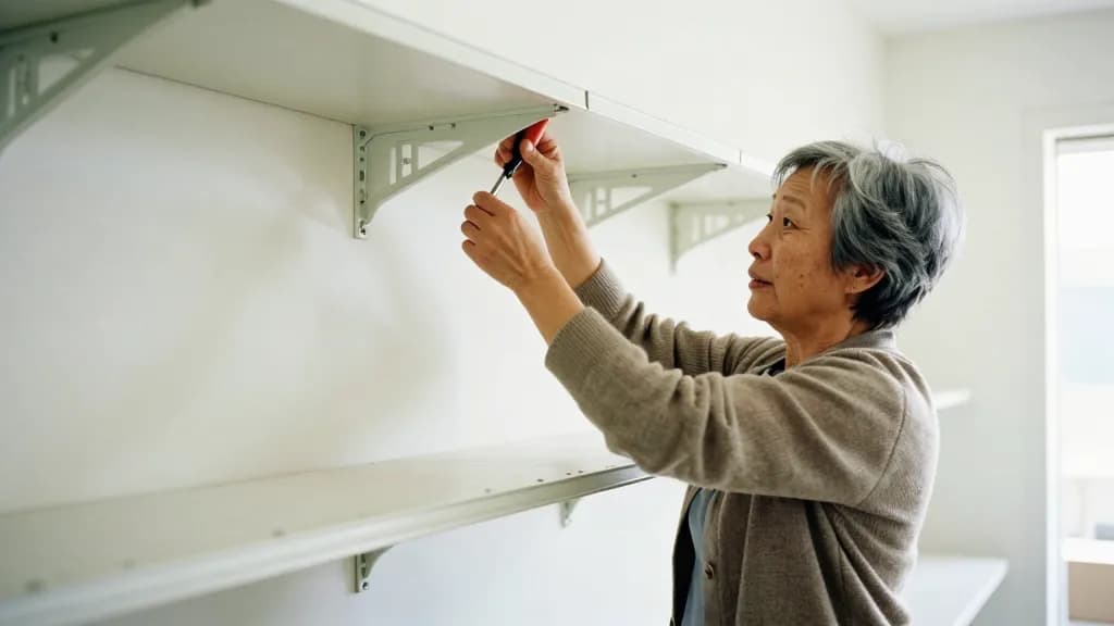 An East Asian woman in her sixties with short grey hair is taking down the last shelf bracket from the wall with a screwdriver, the shelves stacked flat agai…