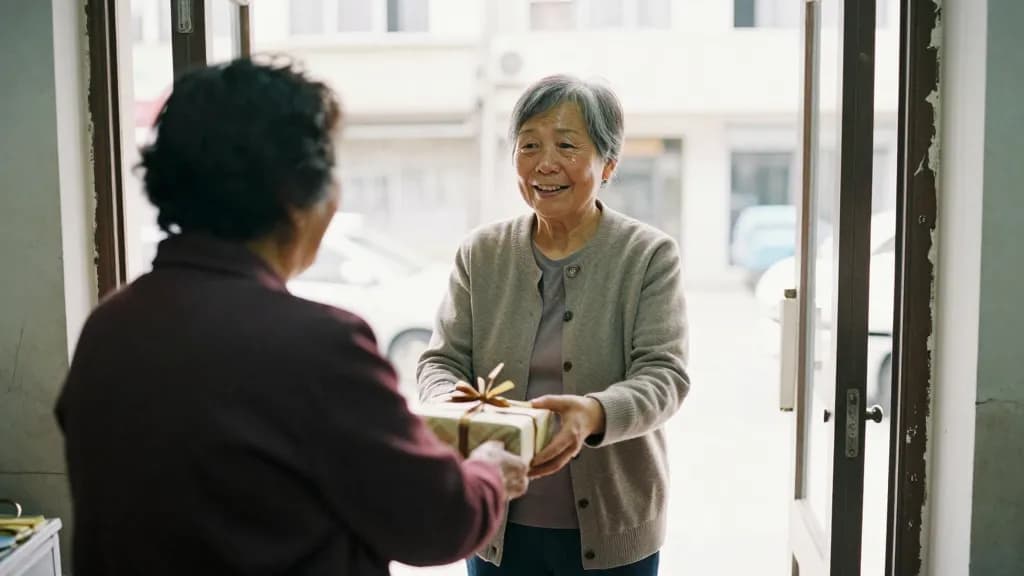 An East Asian woman in her sixties with short grey hair is standing at the shop door with an elderly customer who has come to say goodbye, both of them on th…