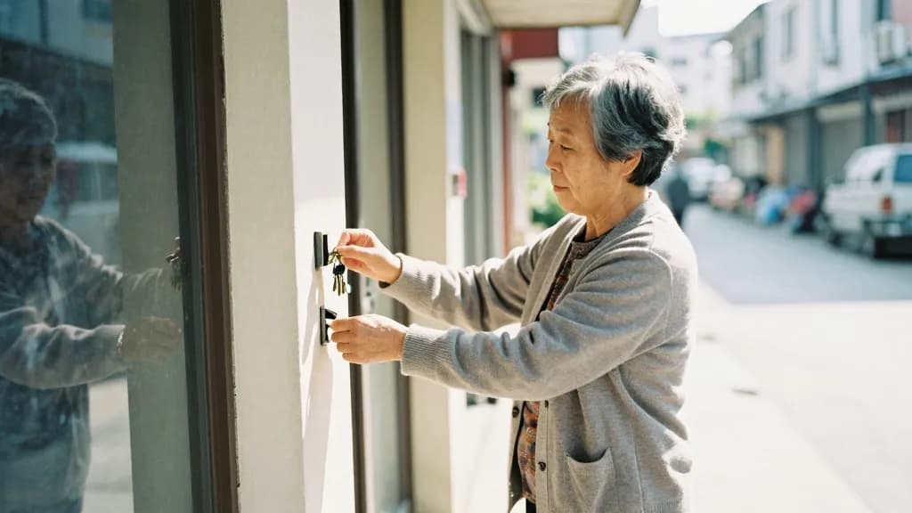 An East Asian woman in her sixties with short grey hair is locking the shop door from the outside for the last time and posting the keys through, the street…