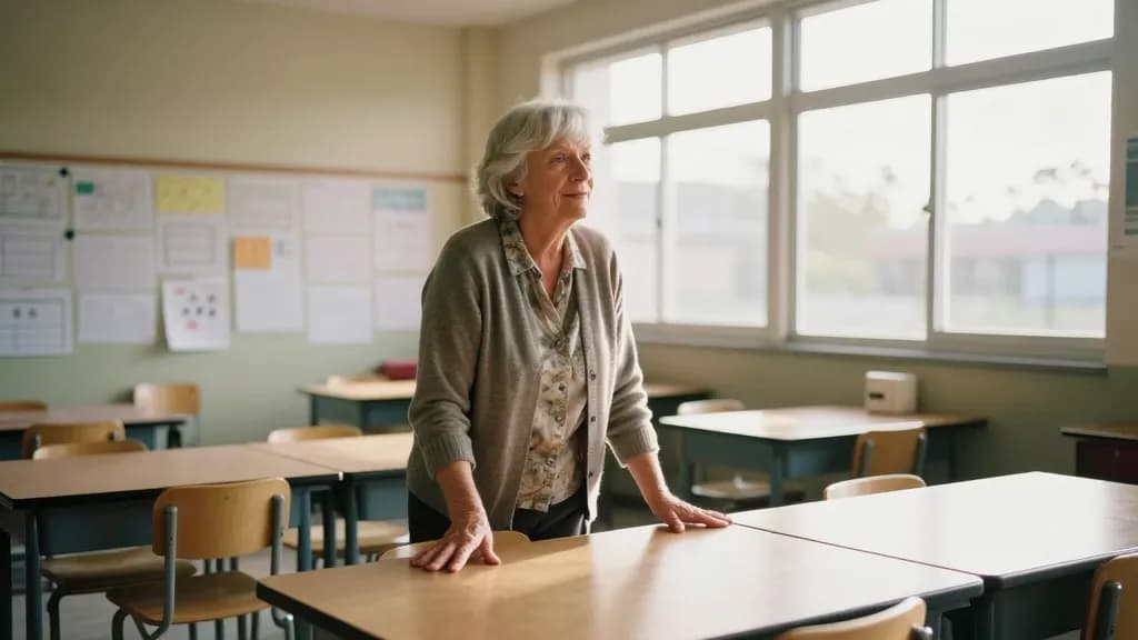 A white woman in her sixties with silver hair cut short is standing in a primary school classroom at the end of the day with the chairs up on the tables and…