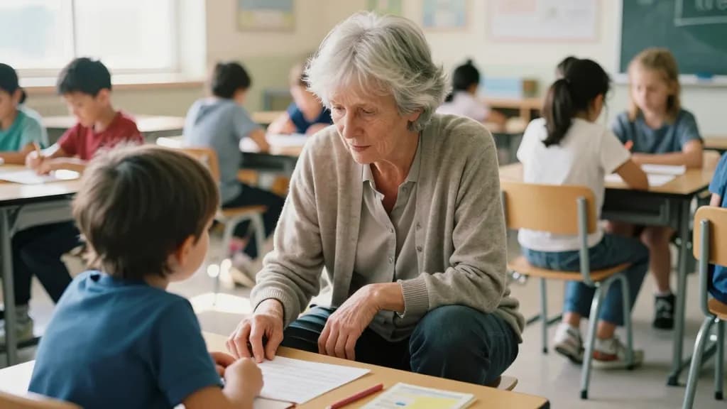 A white woman in her sixties with silver hair cut short is crouched beside a small child at a low table during class, the rest of the room busy behind her an…