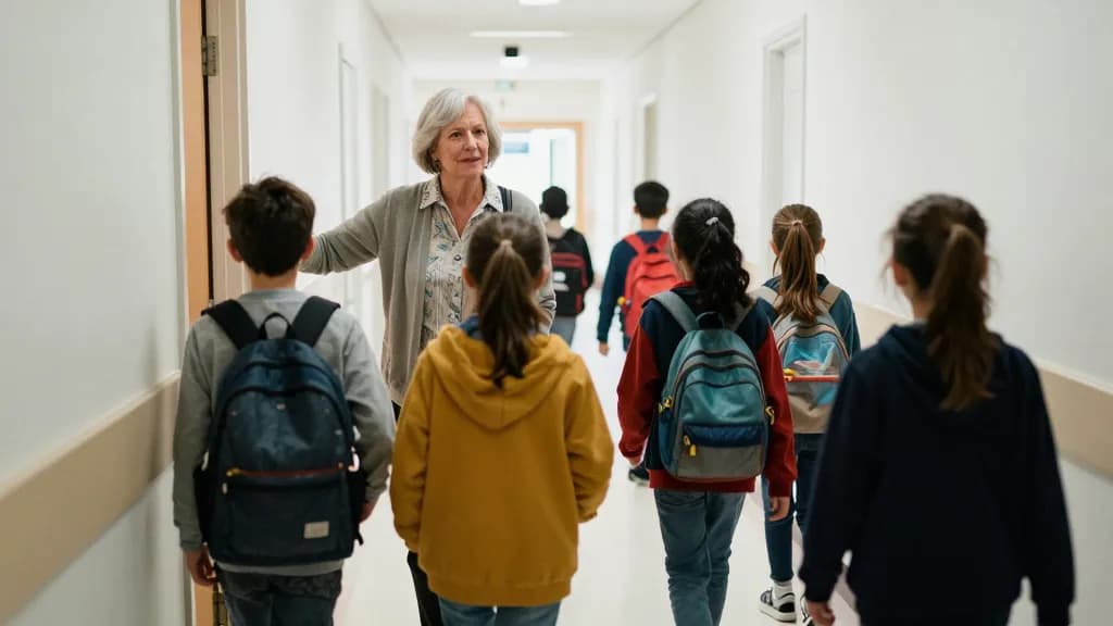 A white woman in her sixties with silver hair cut short is standing in the school corridor at home time as children stream past her in both directions, coats…