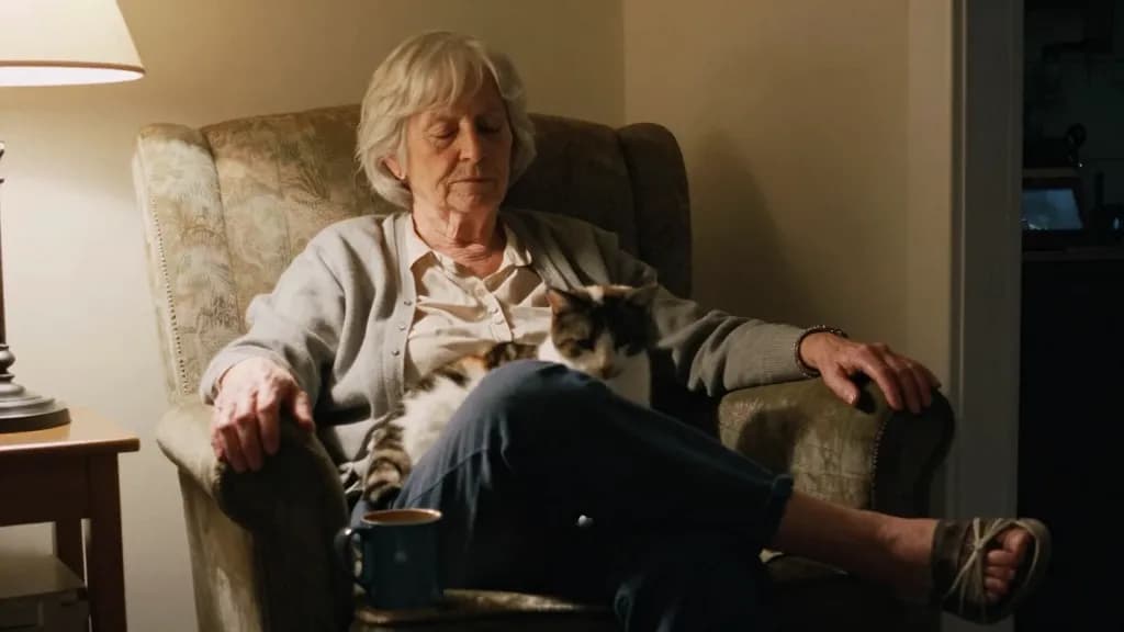 A white woman in her sixties with silver hair cut short is sitting in an armchair at home in the evening with her shoes off and a mug on the arm, a cat on he…