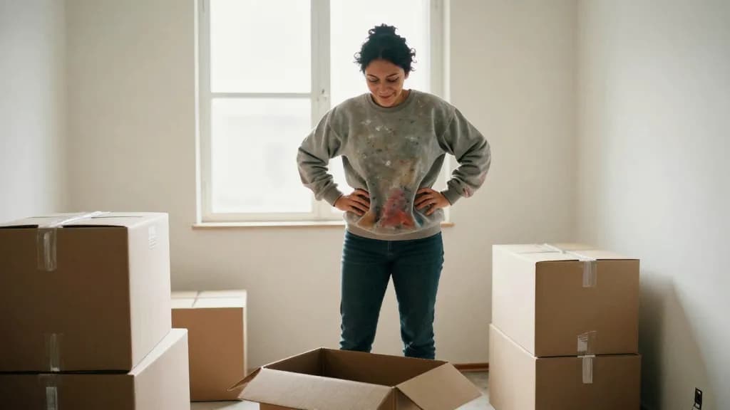 A Latina woman in her thirties with dark curly hair tied up is standing in a half-unpacked flat surrounded by sealed boxes with one box already open at her f…