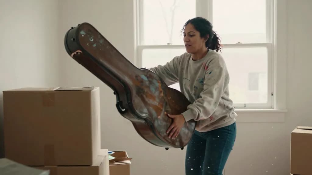 A Latina woman in her thirties with dark curly hair tied up is lifting a battered cello case out of a stack of boxes, packing paper spilling around it and th…