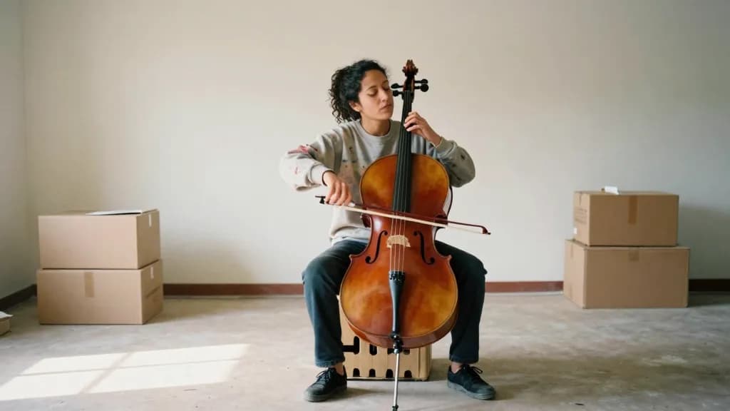 A Latina woman in her thirties with dark curly hair tied up is sitting on an upturned crate in the empty room playing the cello, boxes still stacked around h…