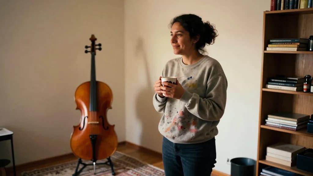 A Latina woman in her thirties with dark curly hair tied up is standing in the now-furnished room weeks later with the cello on a stand in the corner, a rug…