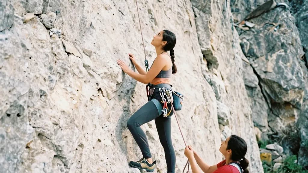 A Latina woman in her late twenties with dark hair in a French plait is standing at the foot of a limestone crag with a rope coiled at her feet and a rack of…