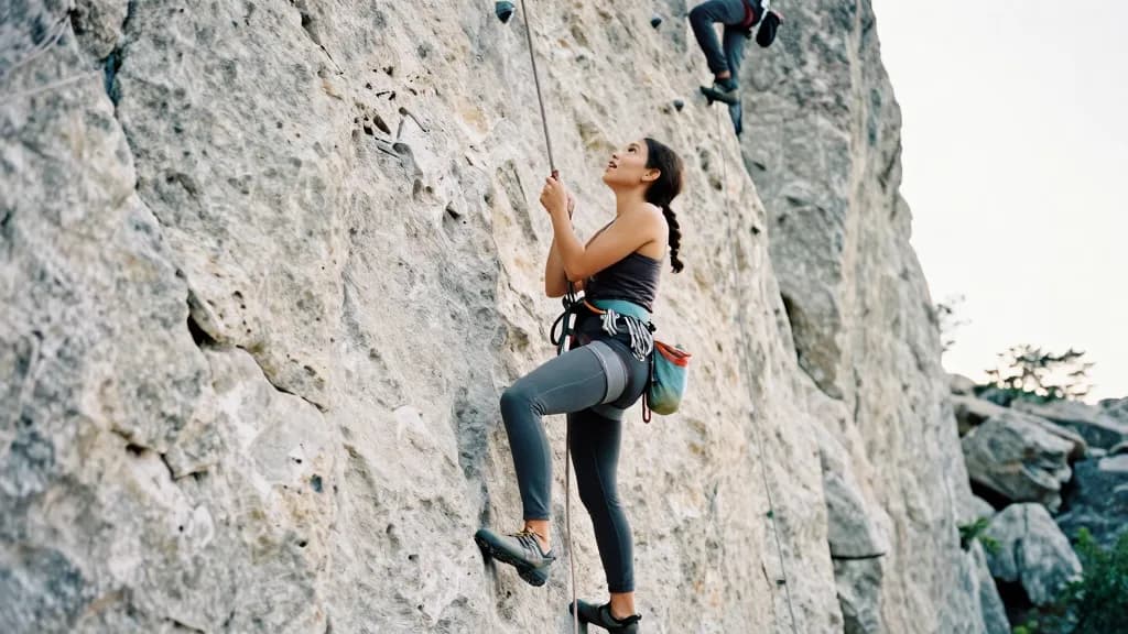 A Latina woman in her late twenties with dark hair in a French plait is belaying from the base of the crag with the rope running up through her hands, her pa…