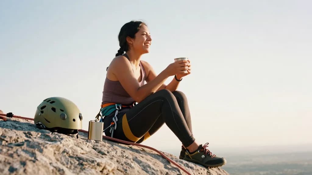 A Latina woman in her late twenties with dark hair in a French plait is sitting at the top of the crag beside her partner with the rope flaked between them,…